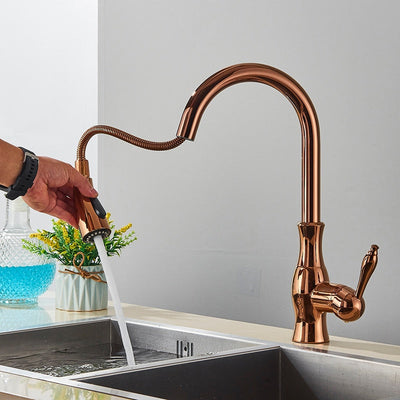 Rosa- -Rose gold polished tradtional victorian pull out dual spray kitchen faucet