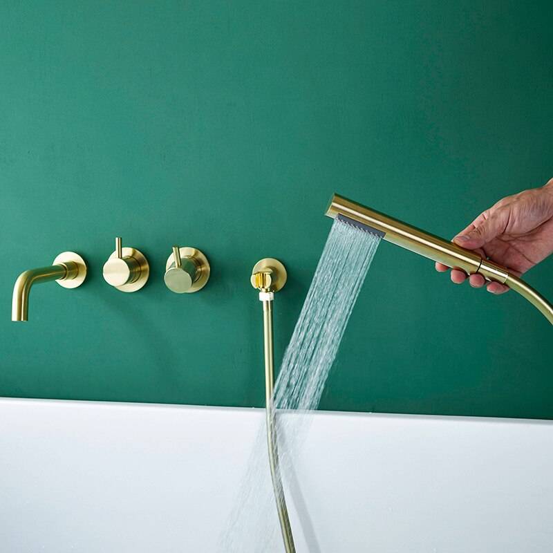 Brushed gold wall mounted bathtub filler faucet set