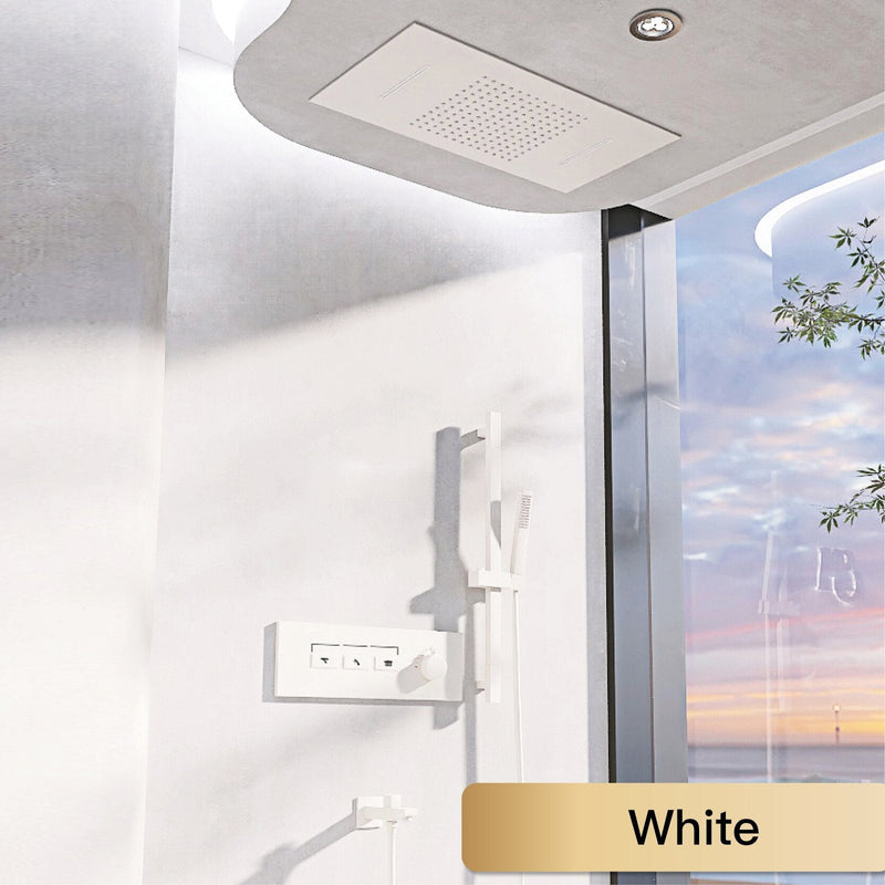 New Nordic Design -White matte led spa ceiling flush mount rectangular rain head 23"x15" 4 way function thermostatic rain waterfall shower system set