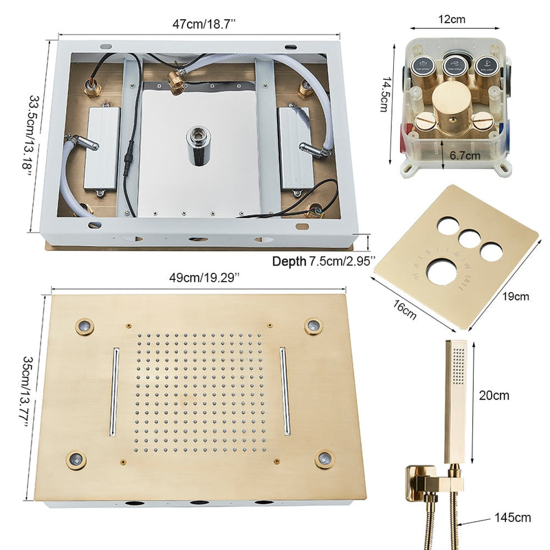 New 2023 20X13" Flush ceiling mount led rain shower head with 3 way thermostatic push buttom diverter valve shower set