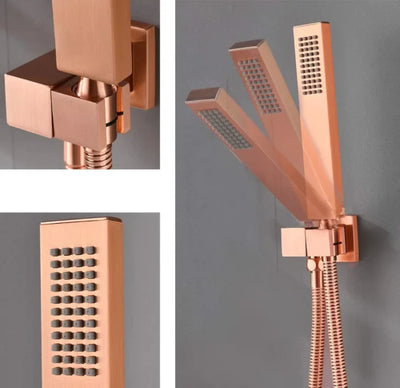 Copper satin square 12 inches rain head -3 way function diverter-pressure balance shower with hand spray and 6 body jets completed shower kit