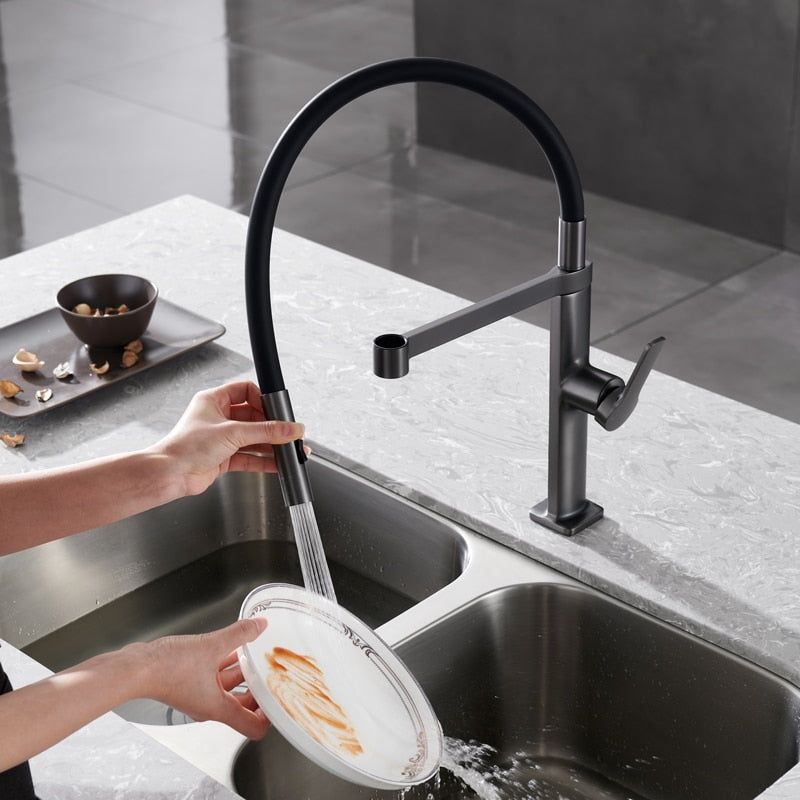 Barolo-Nordic design-Black with brushed gold -black matte- tall 21" pull our dual spray kitchen faucet