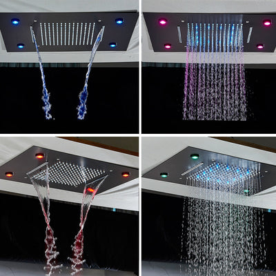 Black LED Rain Waterfall Shower Head Remote Control LED Colors Ceiling Mounted Shower Head 50*35cm