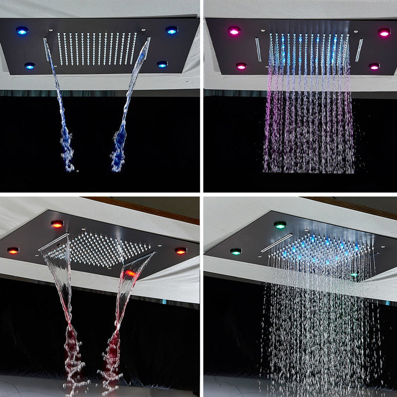 Black LED Rain Waterfall Shower Head Remote Control LED Colors Ceiling Mounted Shower Head 50*35cm