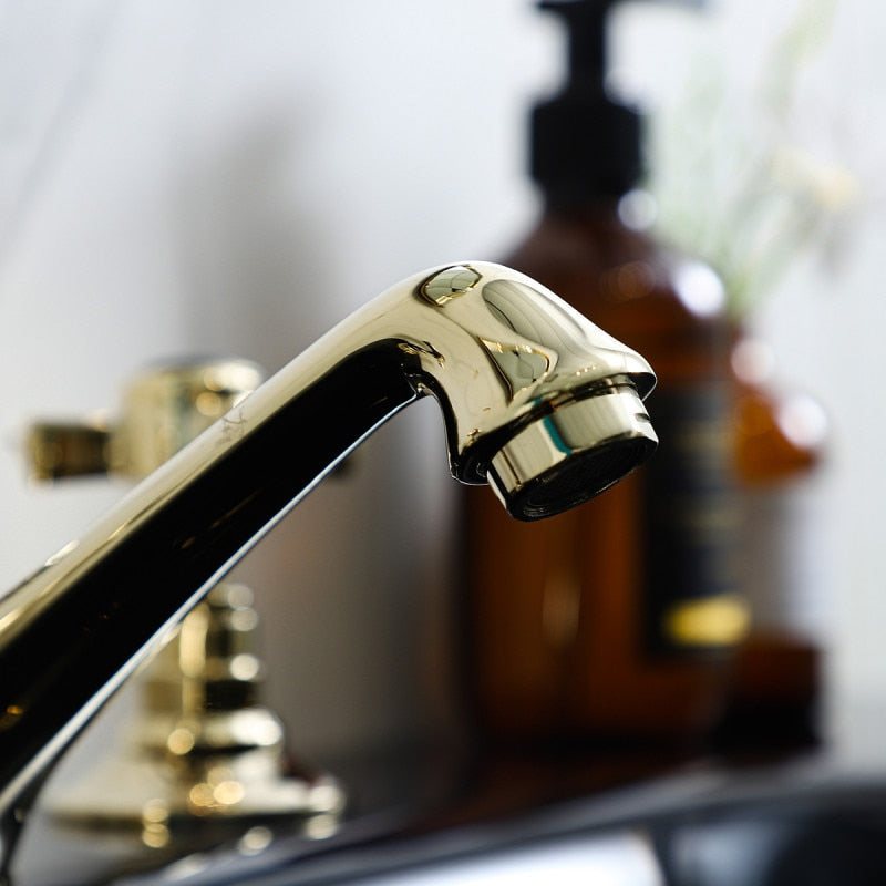 Victorian Gold polish with black two tone 8" inch wide spread bathroom faucet