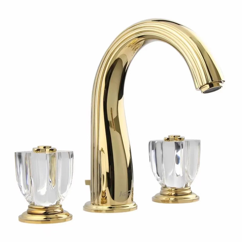 Elysee-Gold polished brass with swarosky crystal handles 8" inch wide spread bathroom faucet