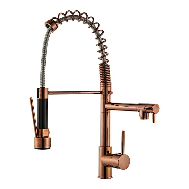 Rose Gold Polished Chef Industrial Dual Pot Filler and Pull Out Spray Kitchen Faucet