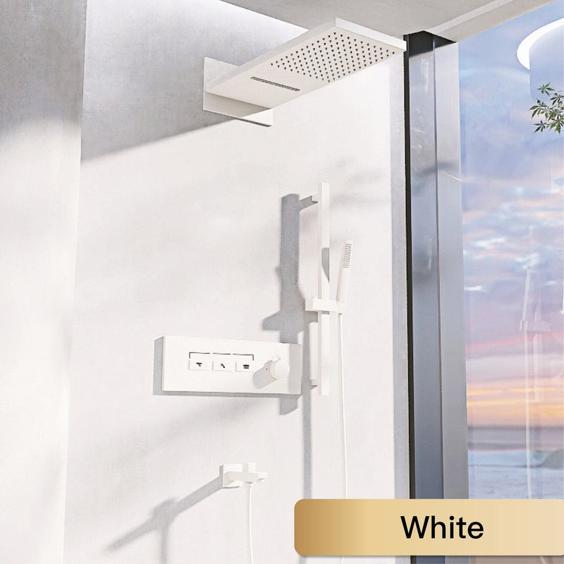 New Nordic Design -White matte led spa ceiling flush mount rectangular rain head 23"x15" 4 way function thermostatic rain waterfall shower system set