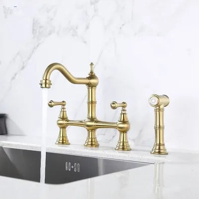 Gold-Black Victorian Bridge kitchen faucet with pull out sprayer