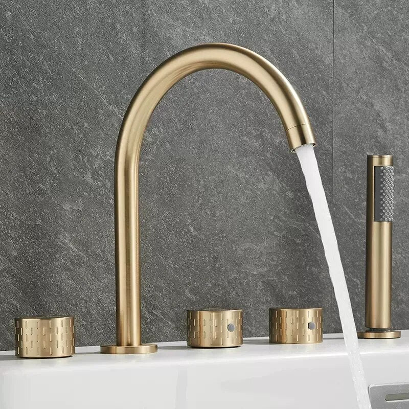 MTTUZK Brass Brushed Gold Round Handle Bathtub Faucet Shower Mixer 5 Hole Bath Faucet Gun Grey Split Bathtub Faucets 5PCS Set