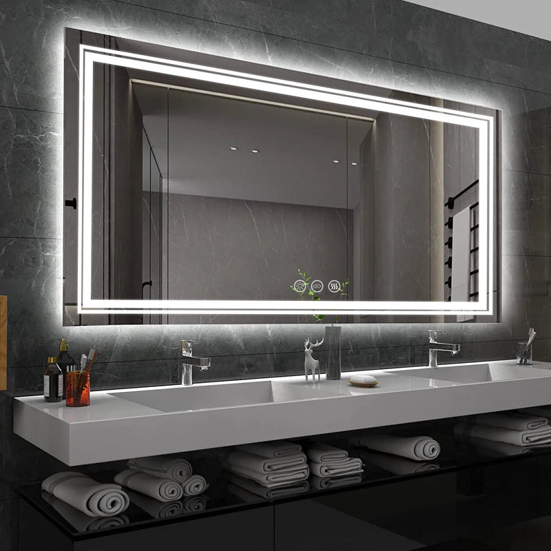 Pavorotti-Rectangle Bathroom Mirror LED Vanity Dimmable Backlit Anti-Fog Memory with Front and Backlight Shatter-Proof