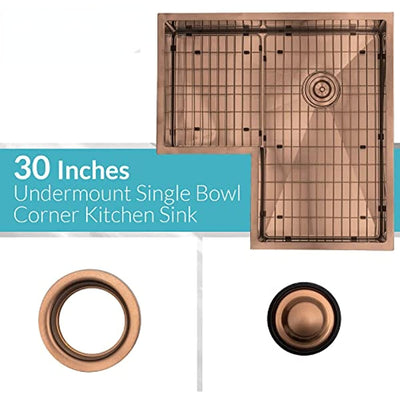 Copper -Brushed Gold-Rose Gold Corner 30" Inch stainless steel single bowl undermount kitchen sink 14 gauge