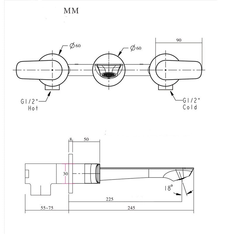 Chrome Wallmounted 2 handle bathroom faucet