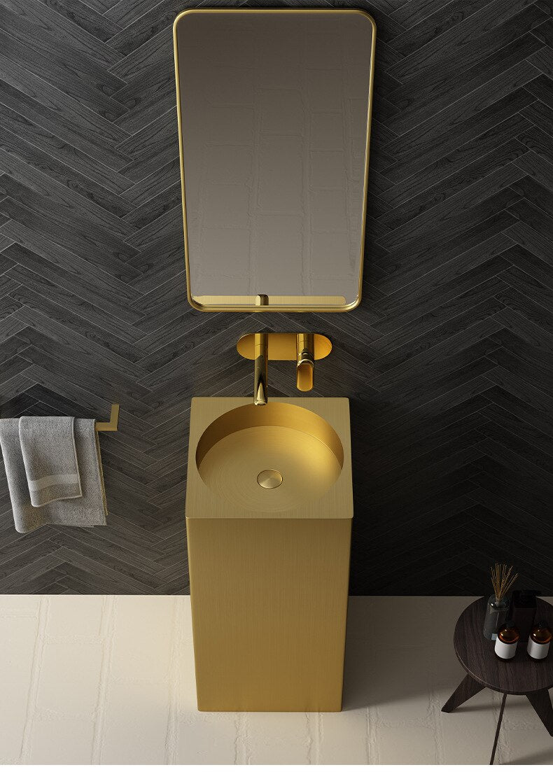 Nordic design Square Brushed Gold - Stainless Steel Floor Standing Pedestal Sink 16"x16"X31.5" H