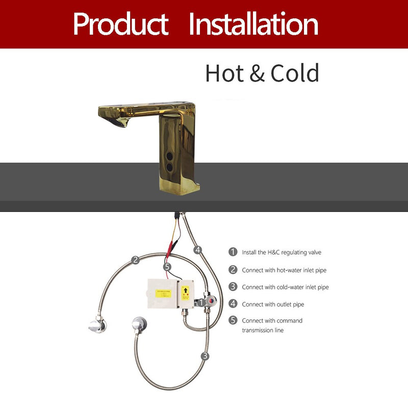 Gold polish square commercial sensor bathroom single hole faucet