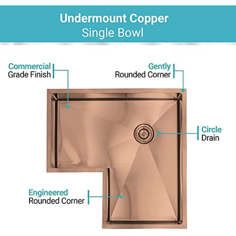 Copper -Brushed Gold-Rose Gold Corner 30" Inch stainless steel single bowl undermount kitchen sink 14 gauge