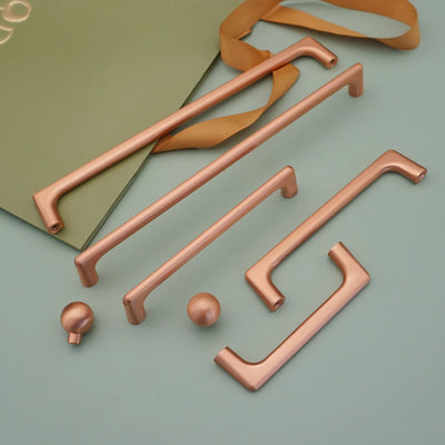 Copper satin Round Door Knobs Long Handles for Furniture Simple Wardrobe Pulls Dresser Handle Modern Cabinet Hardware