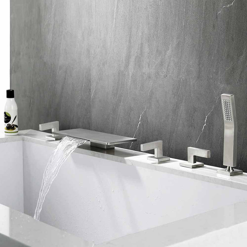 Modern square waterfall 5 pieces deck mounted bathtub filler faucet set