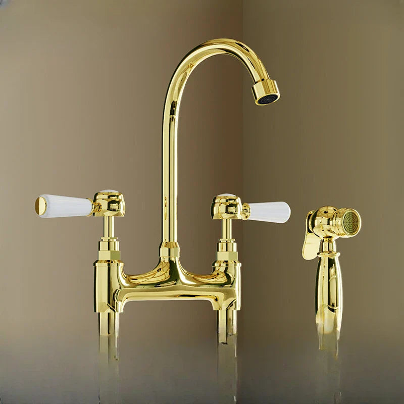 Victorian bridge kitchen faucet with porcelain handles and pull out spray