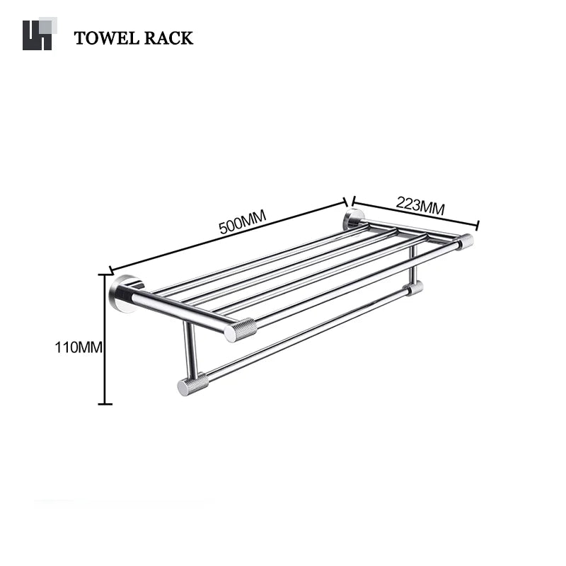 CARA-Chrome Bathroom Accessories Set Wall Mount Knurled Bath Shelf Robe Hanger Toilet Paper Holder Towel Bar Rack Stainless Steel