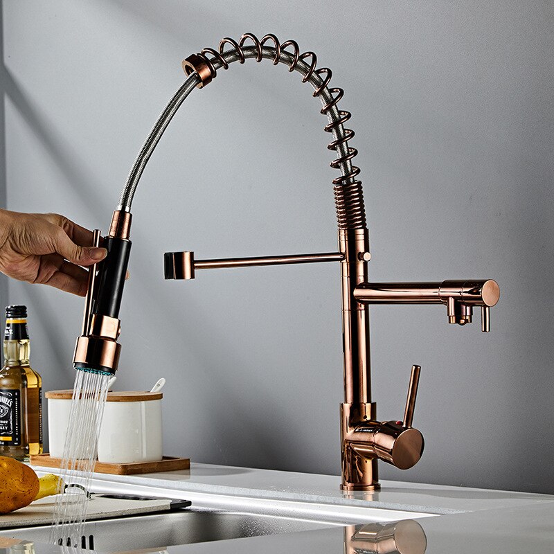 Rose Gold Polished Chef Industrial Dual Pot Filler and Pull Out Spray Kitchen Faucet