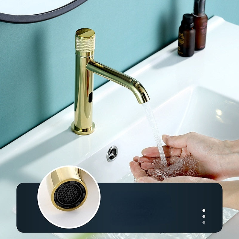 New Nordic Design Gold Polished Brass Sensor Single Hole Bathroom Faucet