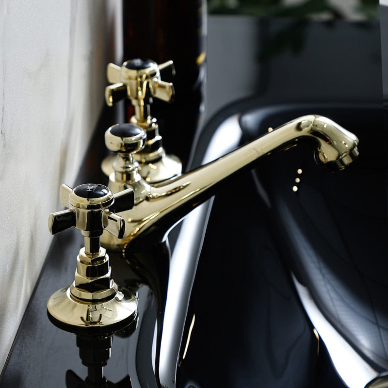 Victorian Gold polish with black two tone 8" inch wide spread bathroom faucet