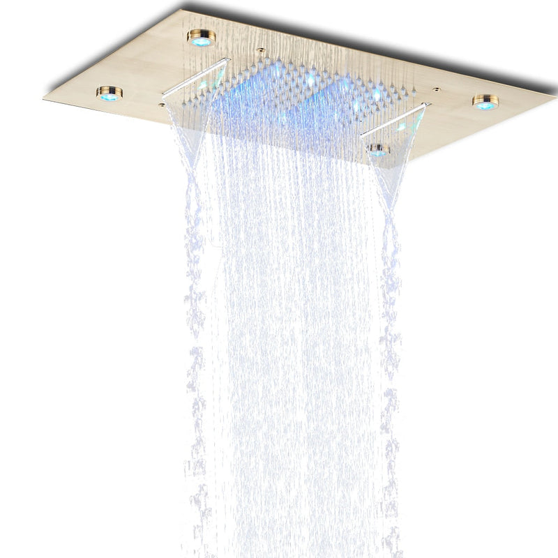 Black LED Rain Waterfall Shower Head Remote Control LED Colors Ceiling Mounted Shower Head 50*35cm