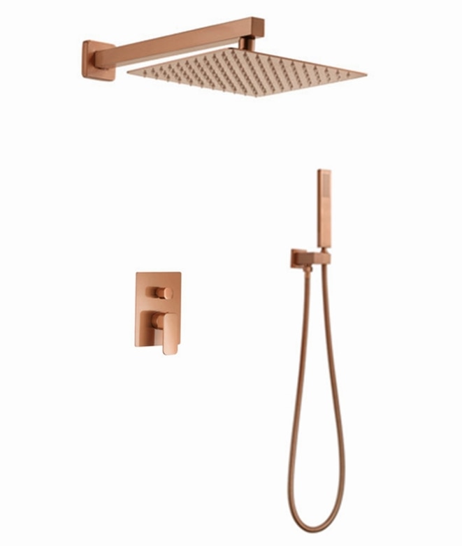 Rose Gold Polished Square 12" Inch Pressure Balance 2 Way Function Diverter Shower Kit