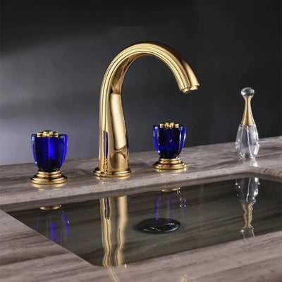 Elysee-Gold polished brass with swarosky crystal handles 8" inch wide spread bathroom faucet