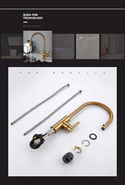 Brushed Gold Sleek Modern Kitchen Faucet Dual Pull Out Sprayer