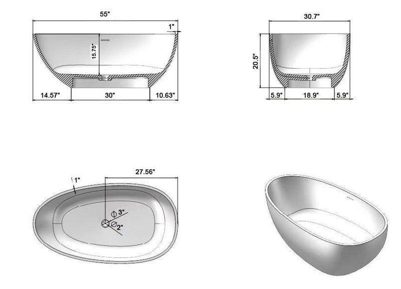 White matte solid surface resin stone bathtub 55" inches