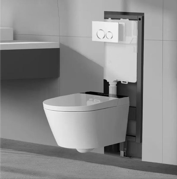 Black wall hung behind the wall cistern tank carrier, bowl, button and black bidet kit