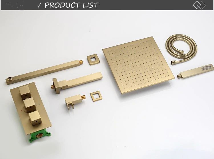 Brushed Gold Thermostatic Rain and Tub Filler 3 Way Diverter Shower Kit