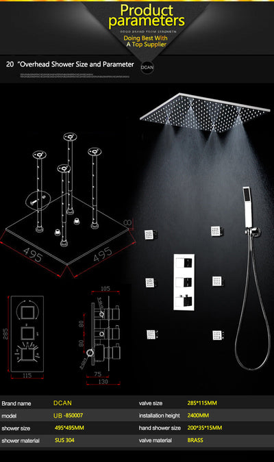 Chrome 20'' Shower Rain Head Sprayer 2 Way Mode Mixer Thermostatic Shower System With 6 Body Jets Sprayers Kit