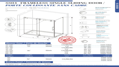 Chrome or Matte Black Model DS01 size 60" x 76 Frameless Slide 2 Door Sides Open Tempered Glass Shower With Towel bar 10mm-3/8