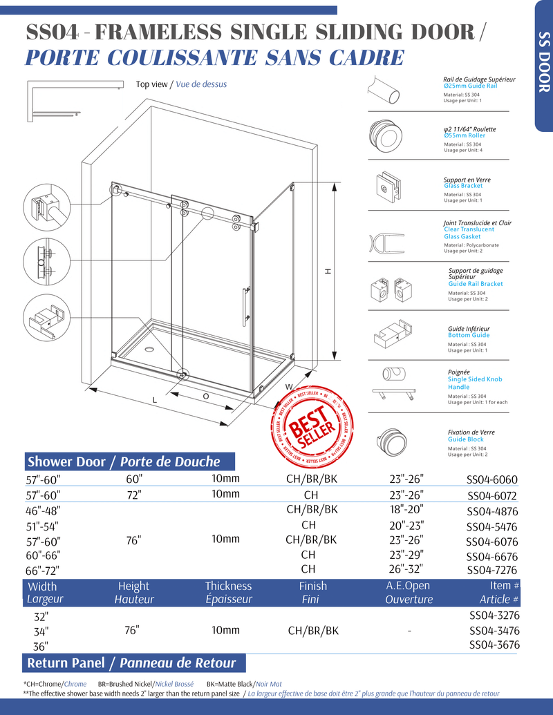 Black DS1 Frameless Slide Shower Door 2 side Opening 72"