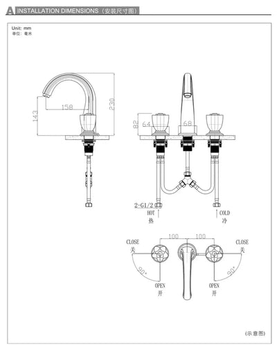 Edinburgh -Gold polish PVD 8" inch widespread faucet with round crystal handles