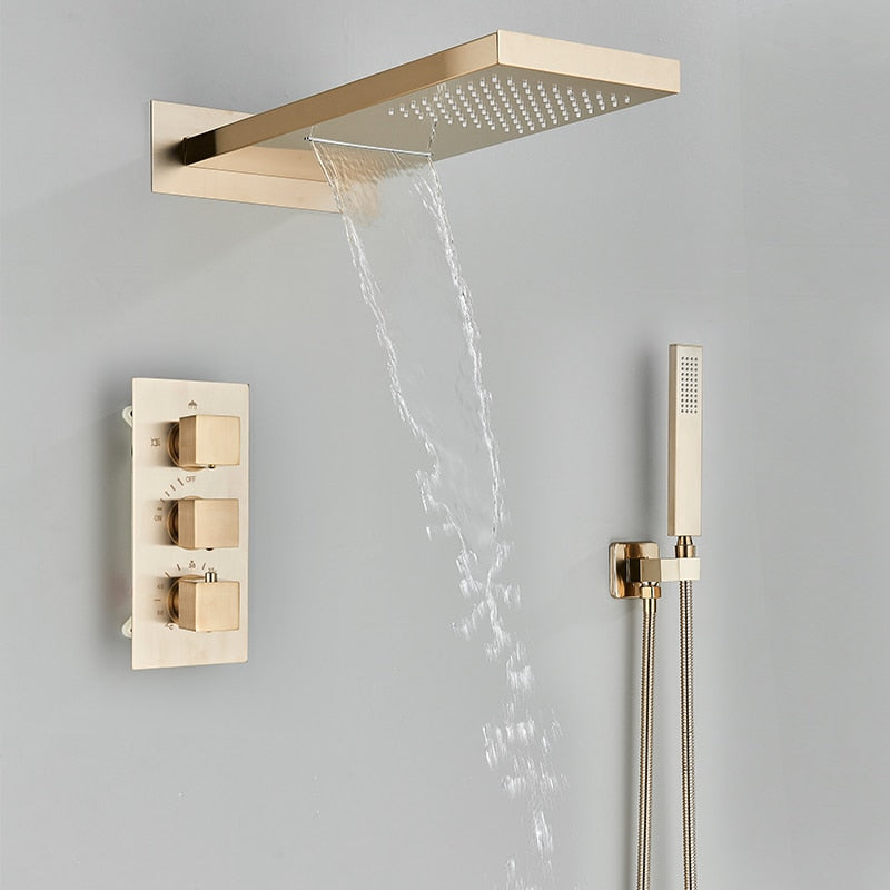 Lisbon-Brushed Gold CSA Square Thermostatic  3-way function shower kit