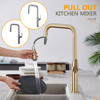 Nordic Design Brushed Gold-Grey Gun-Chrome Kitchen Faucet with Dual Sprayer