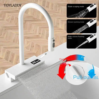 White Stainless Steel Waterfall Kitchen Faucets Kitchen Sink with Digital Display Under Stage Basin Kitchen Novel Accessories