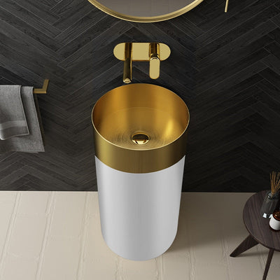 White with Gold Round Stainless Steel Floor Standing Pedestal Sink