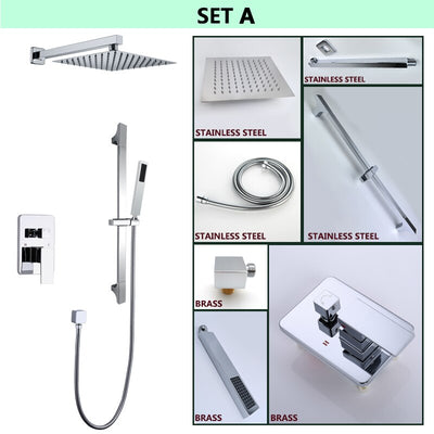 Chrome Square 12" Inch Rain Head Pressure Balance 2 way Function Diverter with slide bar CSA Shower Kit