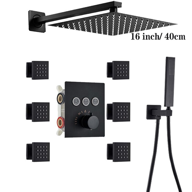 Black Square 3 way function diverter thermostatic shower with hand spray and 6 spa body jets shower set