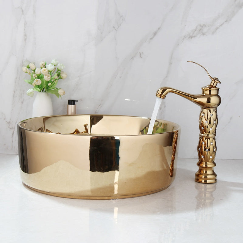 Gold polish ceramic round vessel sink 16"