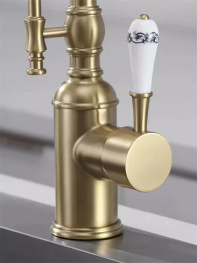 Brushed Gold Victorian Kitchen Faucet with porcelain handle