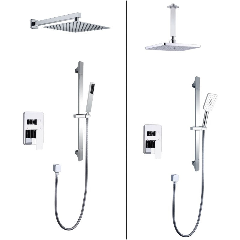 Chrome Square 12" Inch Rain Head Pressure Balance 2 way Function Diverter with slide bar CSA Shower Kit