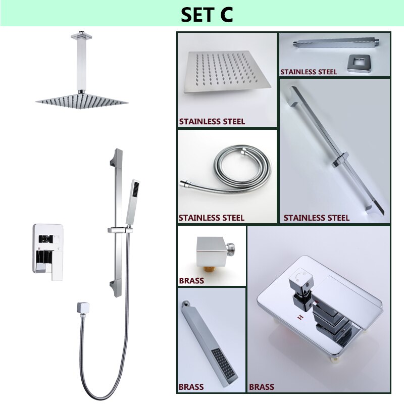 Chrome Square 12" Inch Rain Head Pressure Balance 2 way Function Diverter with slide bar CSA Shower Kit