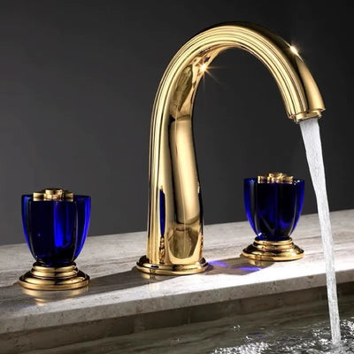 Elysee-Gold polished brass with swarosky crystal handles 8" inch wide spread bathroom faucet