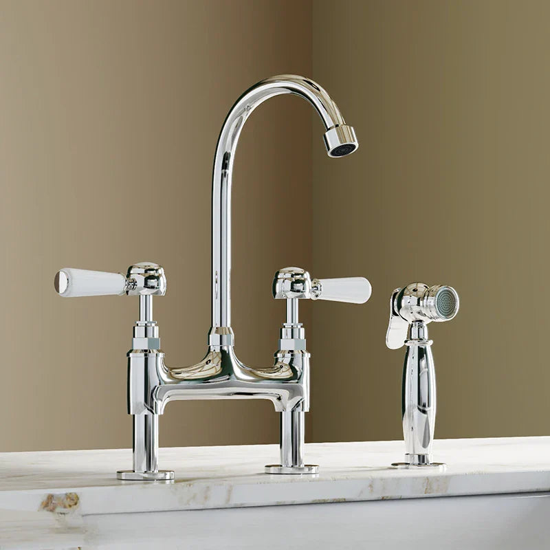 Victorian bridge kitchen faucet with porcelain handles and pull out spray